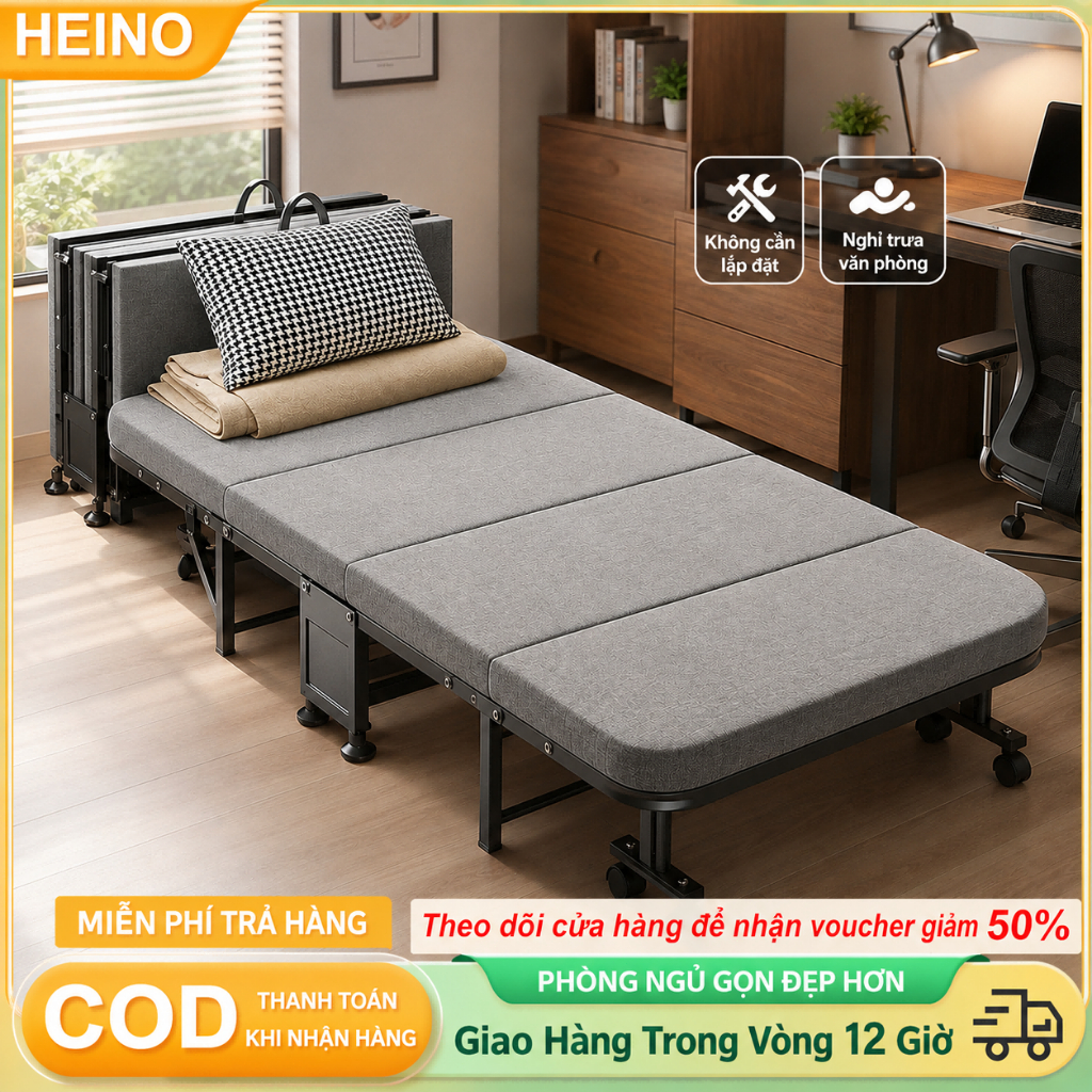 Giường Gấp Gọn Văn Phòng HEINO 195x70x30cm Khung Thép 25x25mm Ván 15mm Đệm Mút 2cm