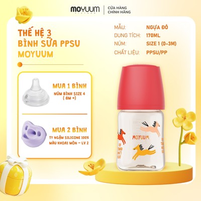 [1/8-31/8 Tặng 1 núm] Bình sữa PPSU Moyuum - Mẫu Ngựa đỏ - Thế hệ 3 - 170ml/270ml