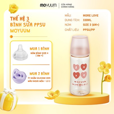 [1/8-31/8 Tặng 1 núm] Bình sữa PPSU Moyuum - Mẫu tim - Thế hệ 3 - 330ml - Kèm núm 3 (6m+)