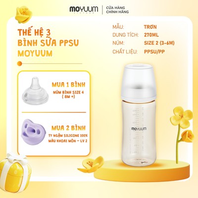 [1/8-31/8 Tặng 1 núm] Bình sữa PPSU Moyuum - Thế hệ 3 - Mẫu trơn - 270ml - Kèm núm 2 (3m+)