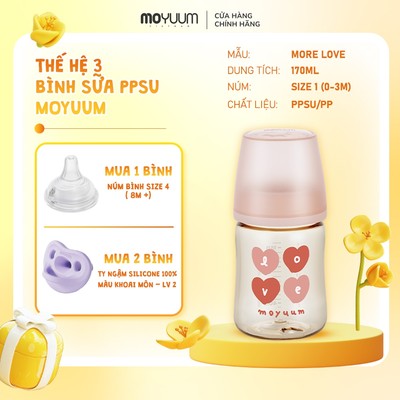 [1/8-31/8 Tặng 1 núm] Bình sữa PPSU Moyuum - Mẫu tim - Thế hệ 3 - 170ml - Kèm núm 1 (1m+)