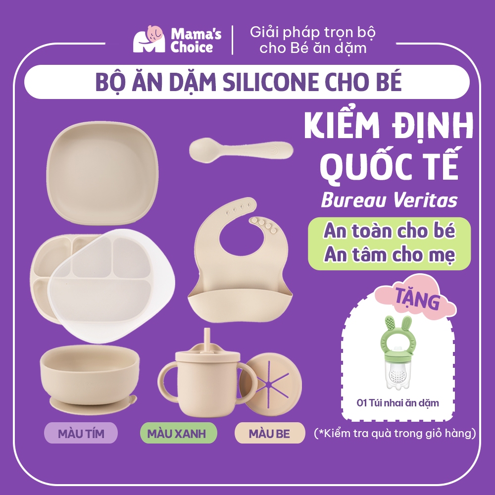Bộ Ăn Dặm Cho Bé Thương Hiệu Mama's Choice, Combo Bát-Khay-Yếm-Thìa-Cốc Silicone Cao Cấp