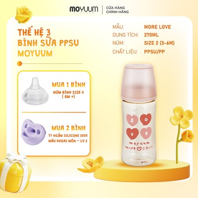 [1/8-31/8 Tặng 1 núm] Bình sữa PPSU Moyuum - Mẫu tim - Thế hệ 3 - 270ml - Kèm núm 2 (3m+)
