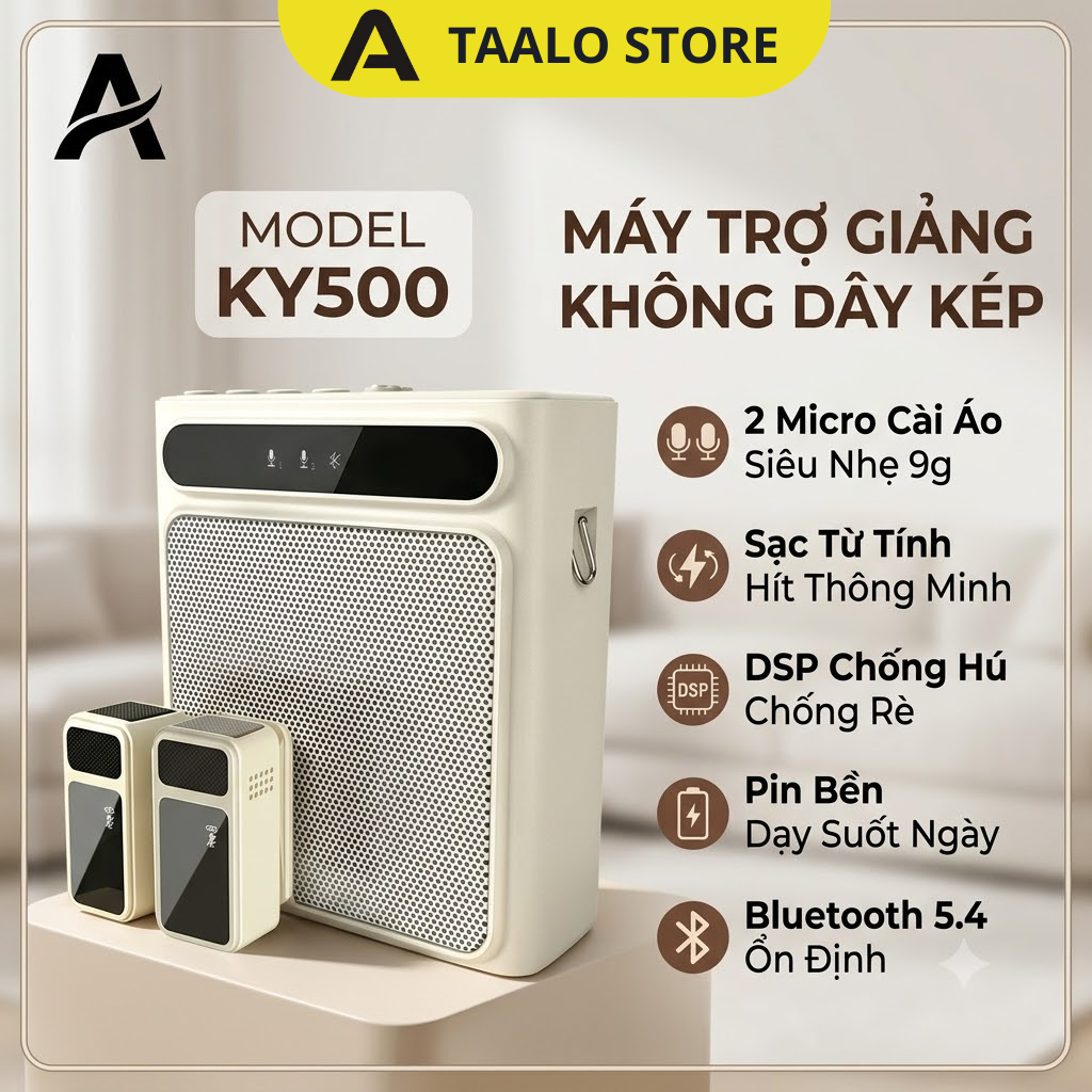 Máy Trợ Giảng Không Dây KY500 TAALO - 2 Mic Cài Áo 9g Bluetooth 5.4 Chống Hú…