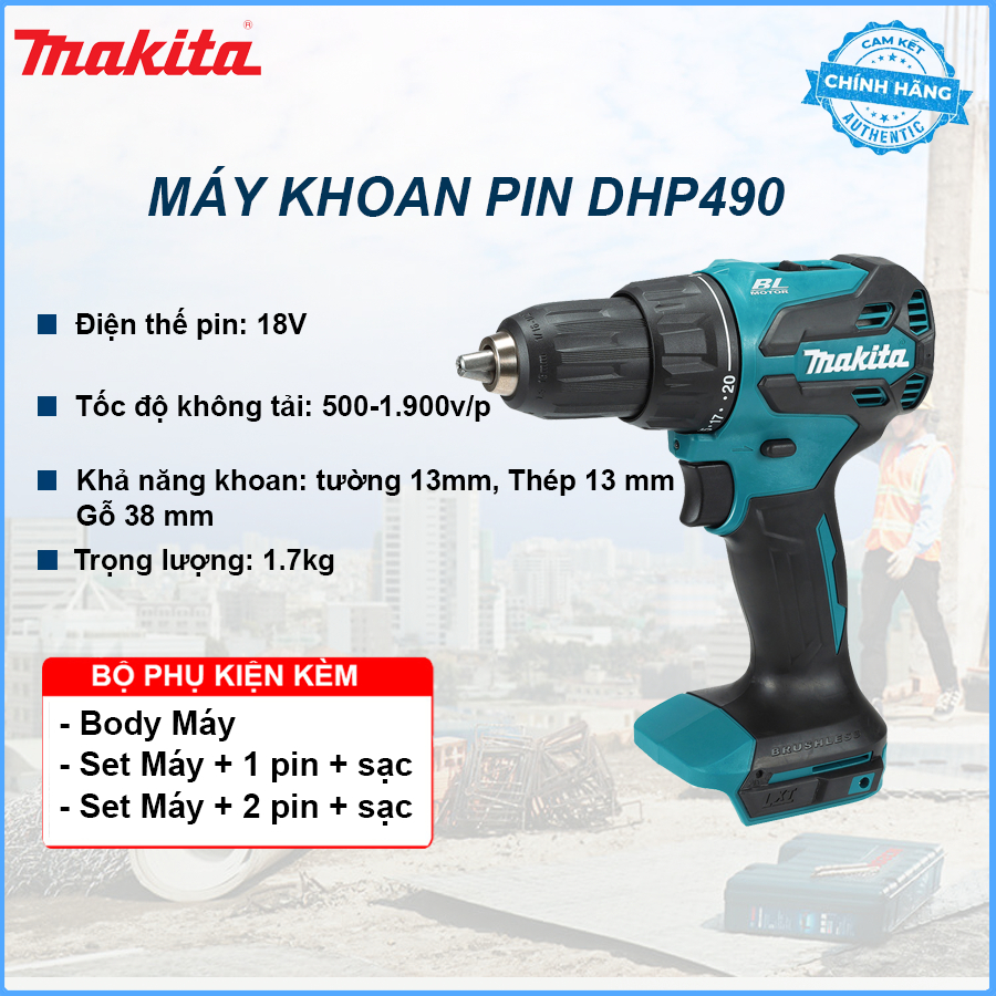 Máy khoan búa, vặn vít dùng pin 18V Makita DHP490 Hàng chính hãng, khoan tường, sắt, gỗ