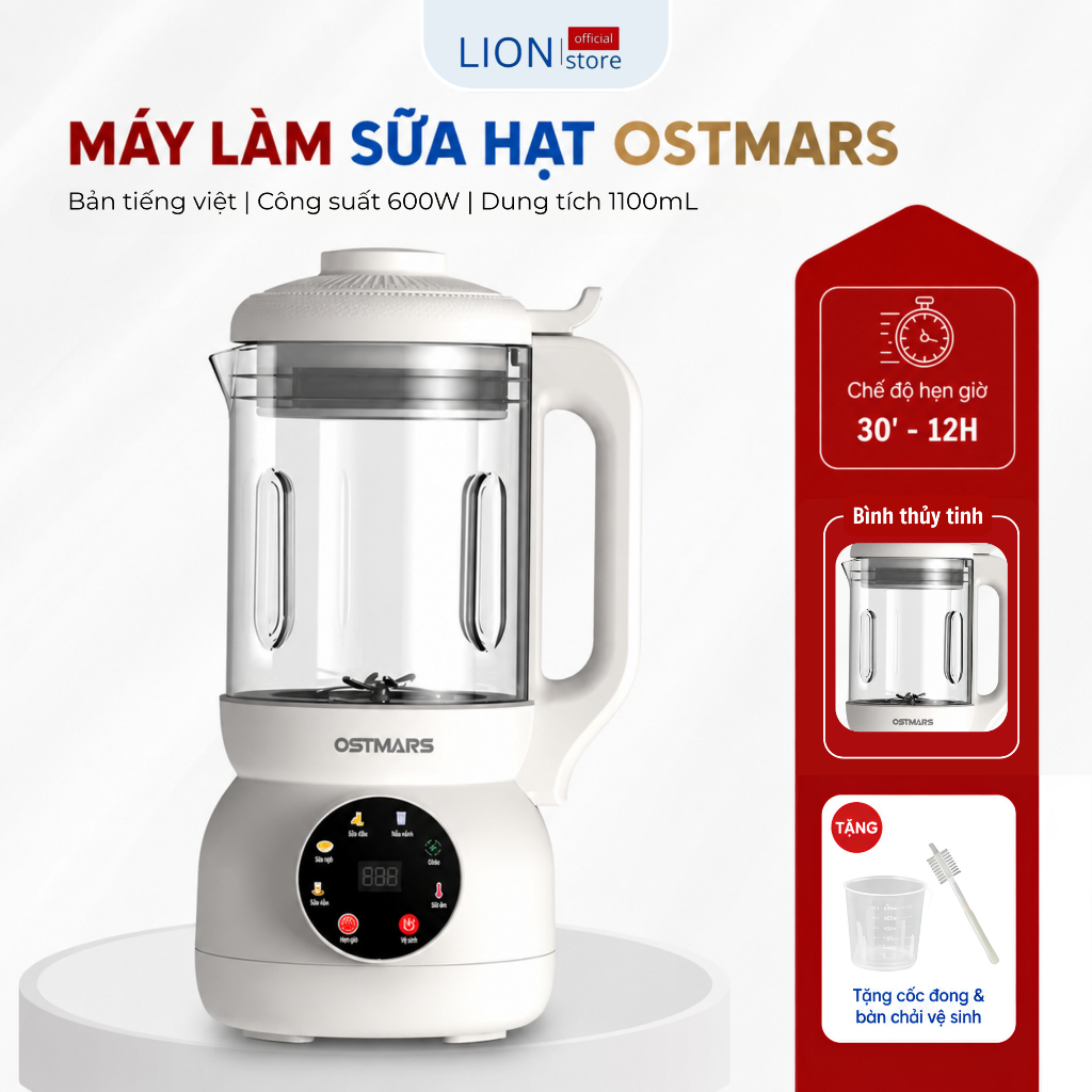 [𝐠𝐢𝐚𝐝𝐮𝐧𝐠𝐋𝐈𝐎𝐍] Máy Làm Sữa Hạt OSTMARS, Máy Nấu Sữa Hạt Đa Năng 600W, Dung Tích 1,1L Không Gây Tiếng 