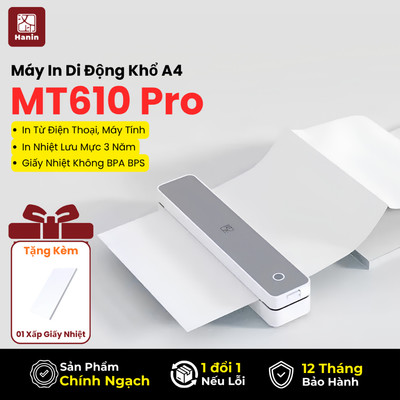 Máy In Nhiệt MT610 PRO Kết Nối Bluetooth, Type C In Tài Liệu Khổ A4 Bằng Điện Thoại Máy Tính | Hanin