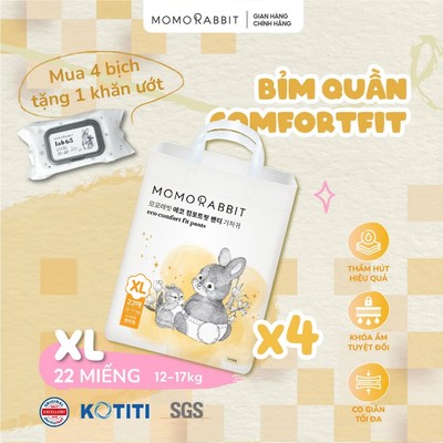 [1/8-31/8 Tặng Khăn Ướt] - [4 Bịch] - Bỉm Eco Comfort Fit - Momo Rabbit - Dành cho bé mông to, đùi ếch - Size L/XL/XX