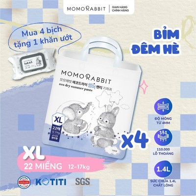 [1/8-31/8 Tặng Khăn Ướt] - [4 Bịch] - Bỉm Đêm Hè MOMO RABBIT Size L/XL/XXL thấm hút vượt trội gấp 3 lần