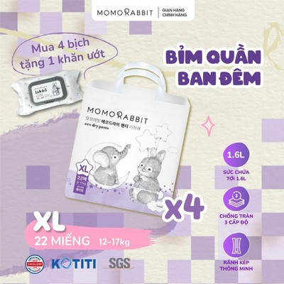 [1/8-31/8 Tặng Khăn Ướt] - [4 Bịch] -  Bỉm đêm Momo Rabbit - Size L/XL/XXL/KIDS