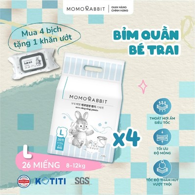 [1/8-31/8 Tặng Khăn Ướt] - [4 Bịch] - Bỉm bé trai Momo Rabbit thoáng khí êm ái dành cho bé- Size M/L/XL/XXL
