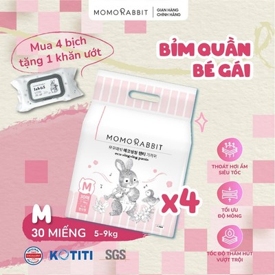 [1/8-31/8 Tặng Khăn Ướt] - [4 Bịch] - Bỉm bé gái Momo Rabbit thấm hút tốt dành riêng cho bé gái  - Size M/L/XL/XXL