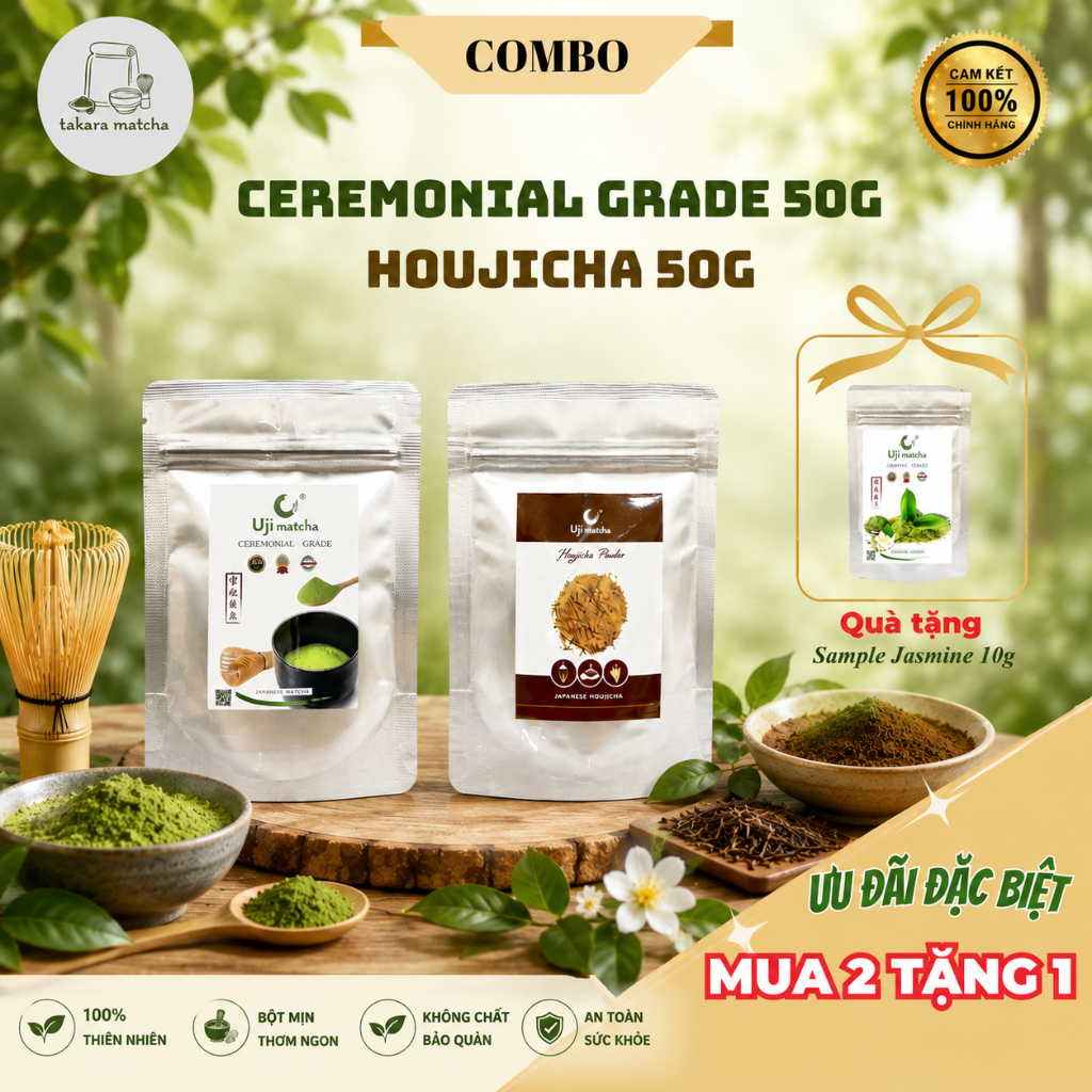 Combo Matcha Uji Ceremonial Grade 50g và bột trà rang Houjicha 50g - Quà tặng Sample 10g