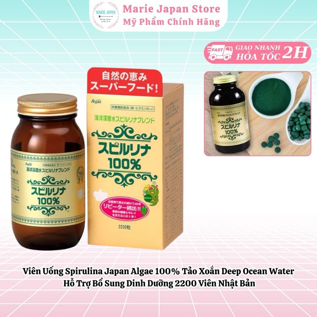 Viên Uống Spirulina Japan Algae 100% Tảo Xoắn Deep Ocean Water Hỗ Trợ Bổ Sung Dinh Dưỡng 2200 Viên N