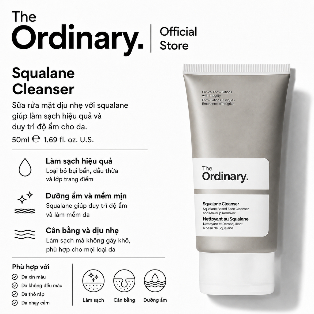 [The Ordinary Official] Squalane Cleanser 50ML | Làm sạch dịu nhẹ, loại bỏ lớp trang điểm, dưỡng ẩm 