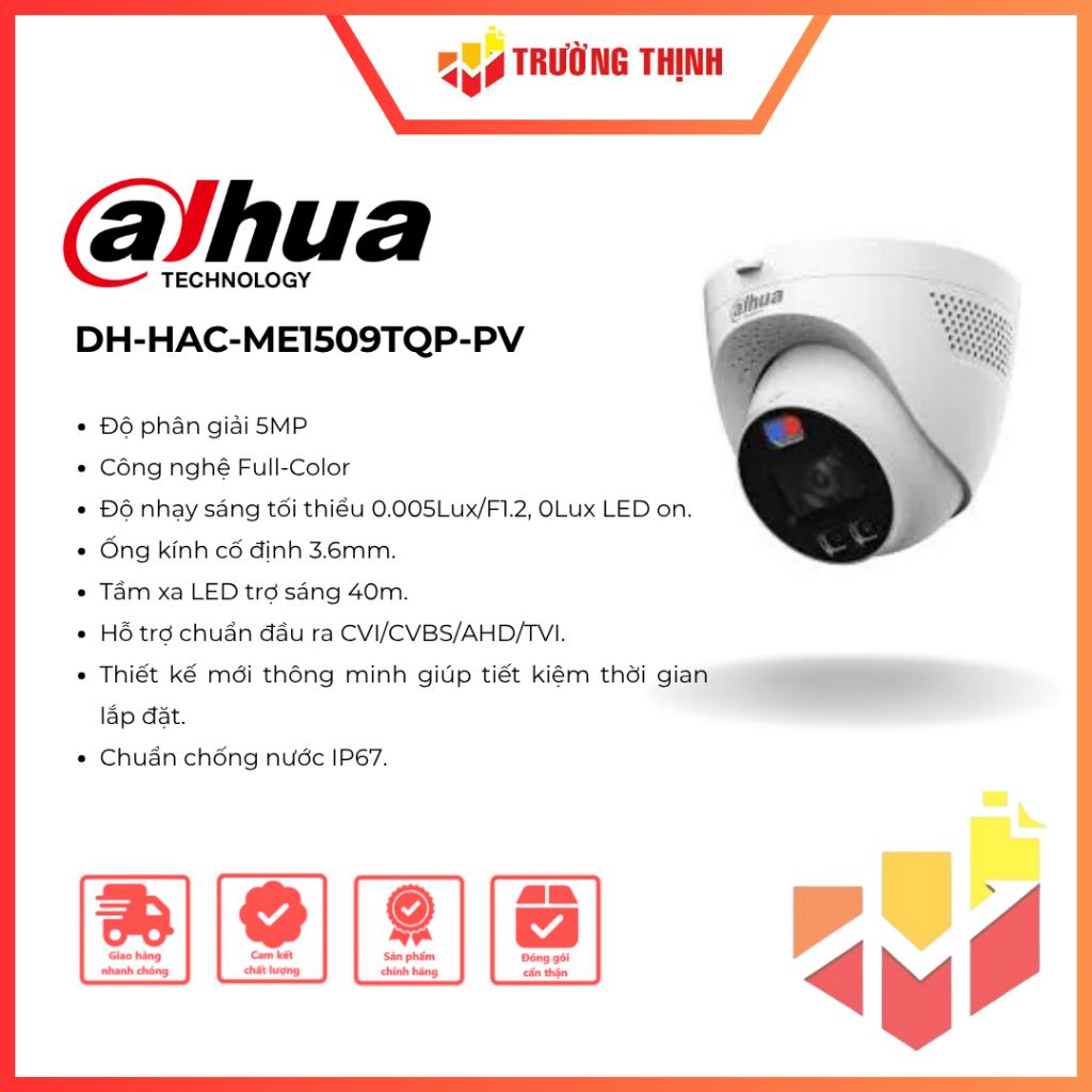 Camera HDCVI Cảnh báo Full Color 5MP Dahua DH-HAC-ME1509TQP-PV | 5MP | IP67