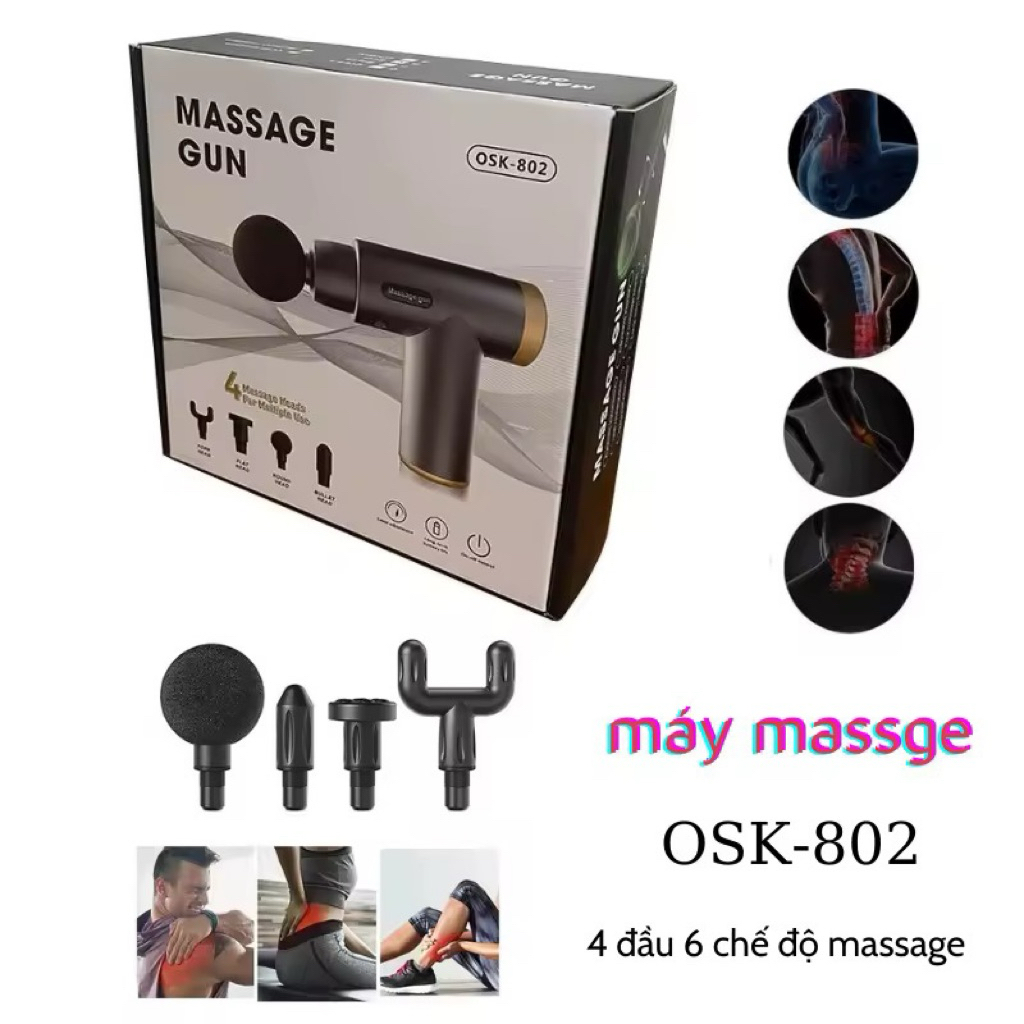 Máy Massage Cơ Gun OSK-802 Cao Cấp 4 Đầu 6 Chế Độ Rung, Hỗ Trợ Bài Tập Massage Từng Vùng Cơ, Sạc Typ