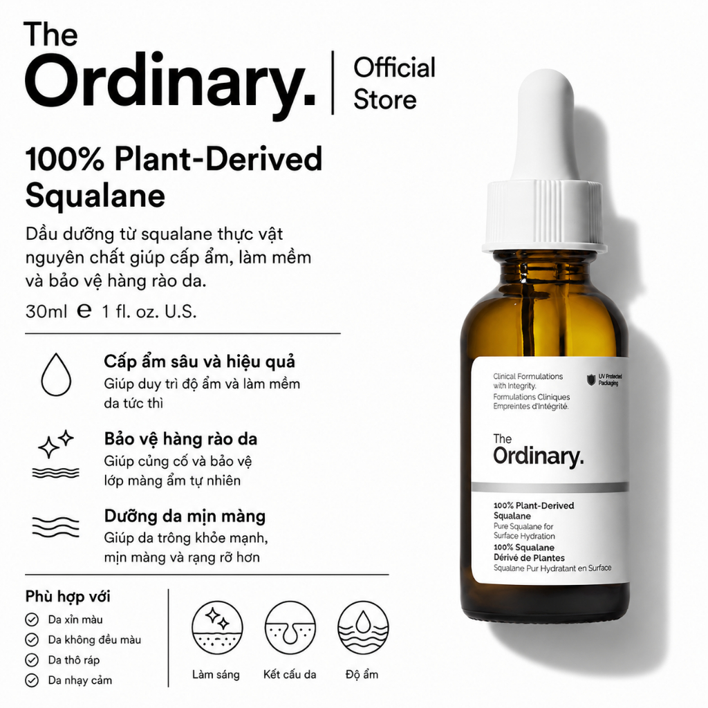 [The Ordinary Official] 100% Plant-Derived Squalane 30ML | Dưỡng ẩm sâu, làm mềm và bảo vệ hàng rào 