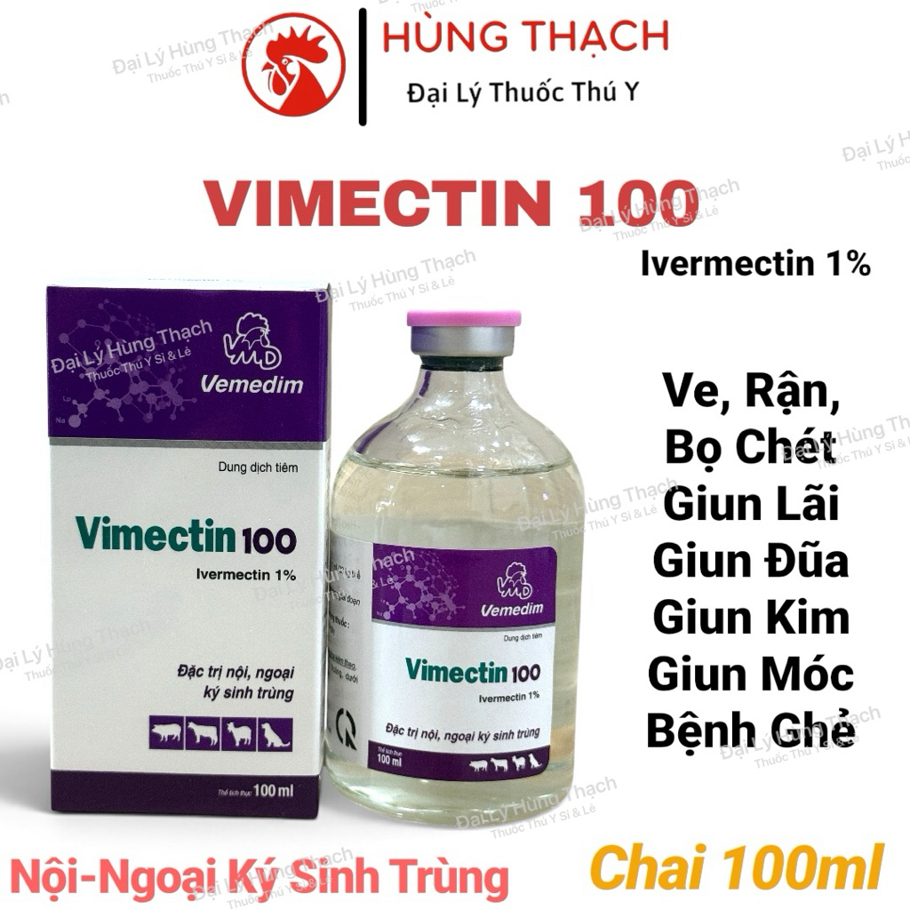 VIMECTIN 100 (chai 100ml) nội ngoại ký sinh trùng, ve, rận, bọ chét, ghẻ, giun gia súc, heo, bò, dê