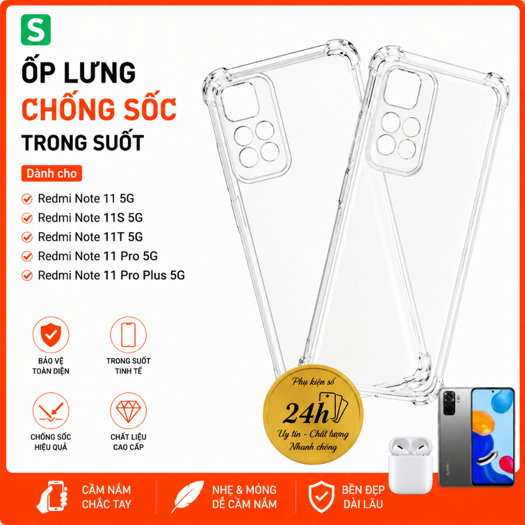 Ốp Lưng Trong Suốt Chống Sốc Cho Redmi Note 11 5G / Note 11S 5G / Note 11T 5G / Note 11 Pro 5G / Not