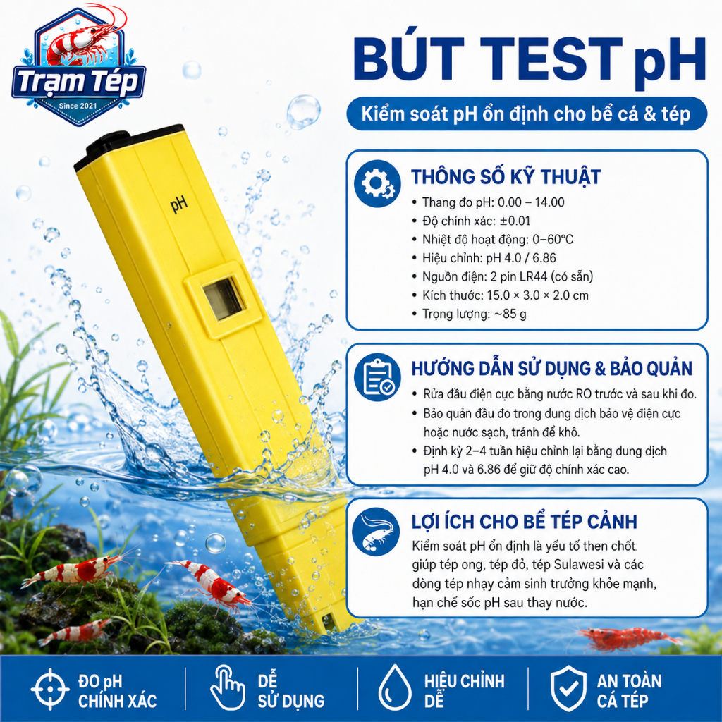 Bút đo pH Lucas’s Aqua + Combo Bột pha PH – Đo pH nước chính xác cho hồ cá, tép cảnh, thủy sinh (Đã 