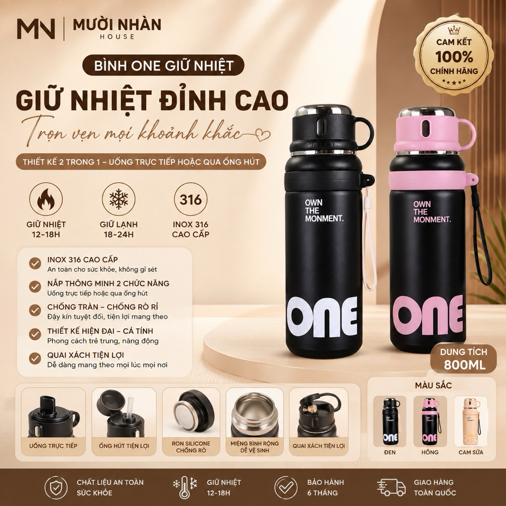 Bình nước giữ nhiệt 2 vị trí uống 800ml, Bằng Inox 316, Nắp thông minh,Giữ nhiệt 12-18h