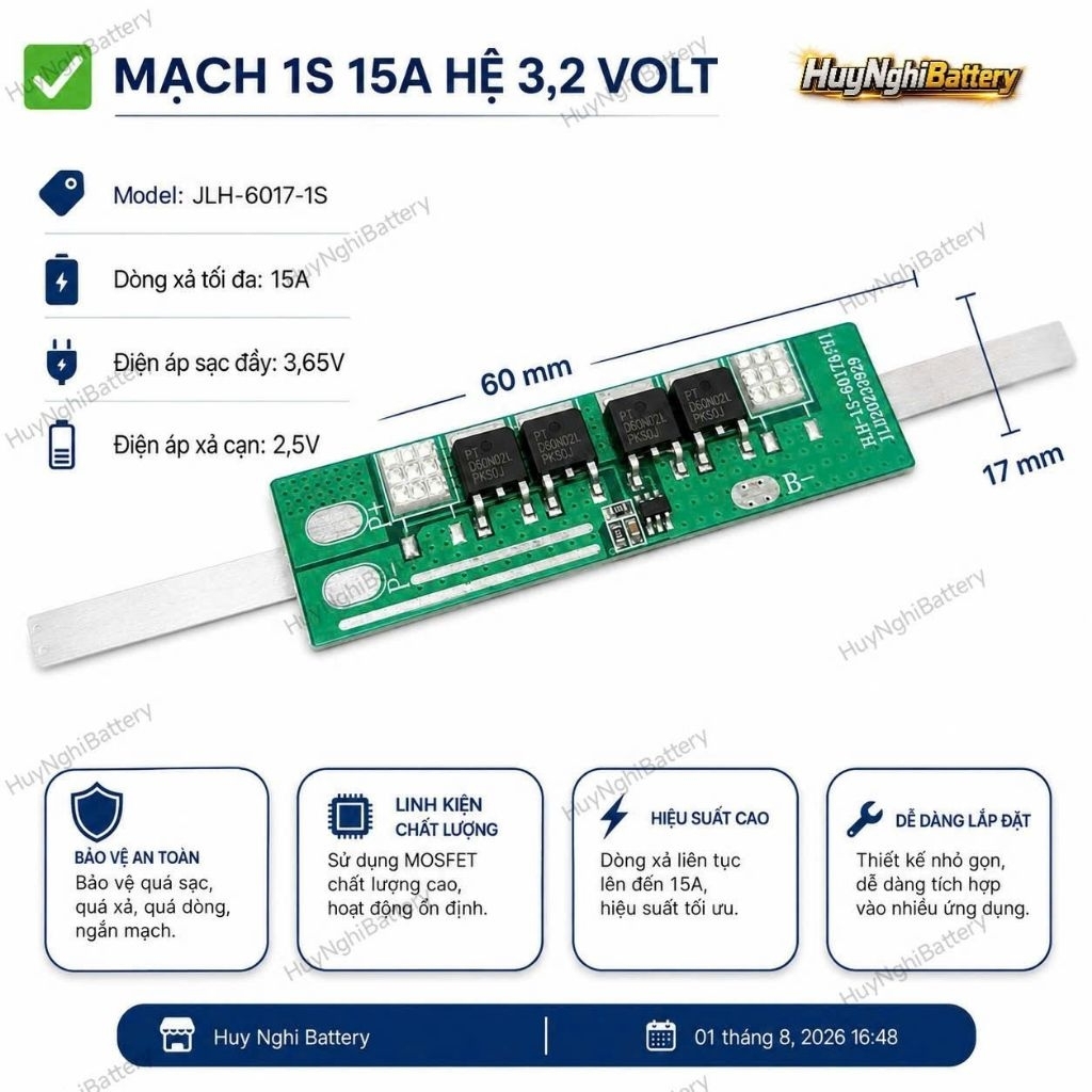 Mạch 1s 15a (Model: JLH-6017-1S) Bảo Vệ Sạc Xả Cho Pin Lifepo4 3,2vol