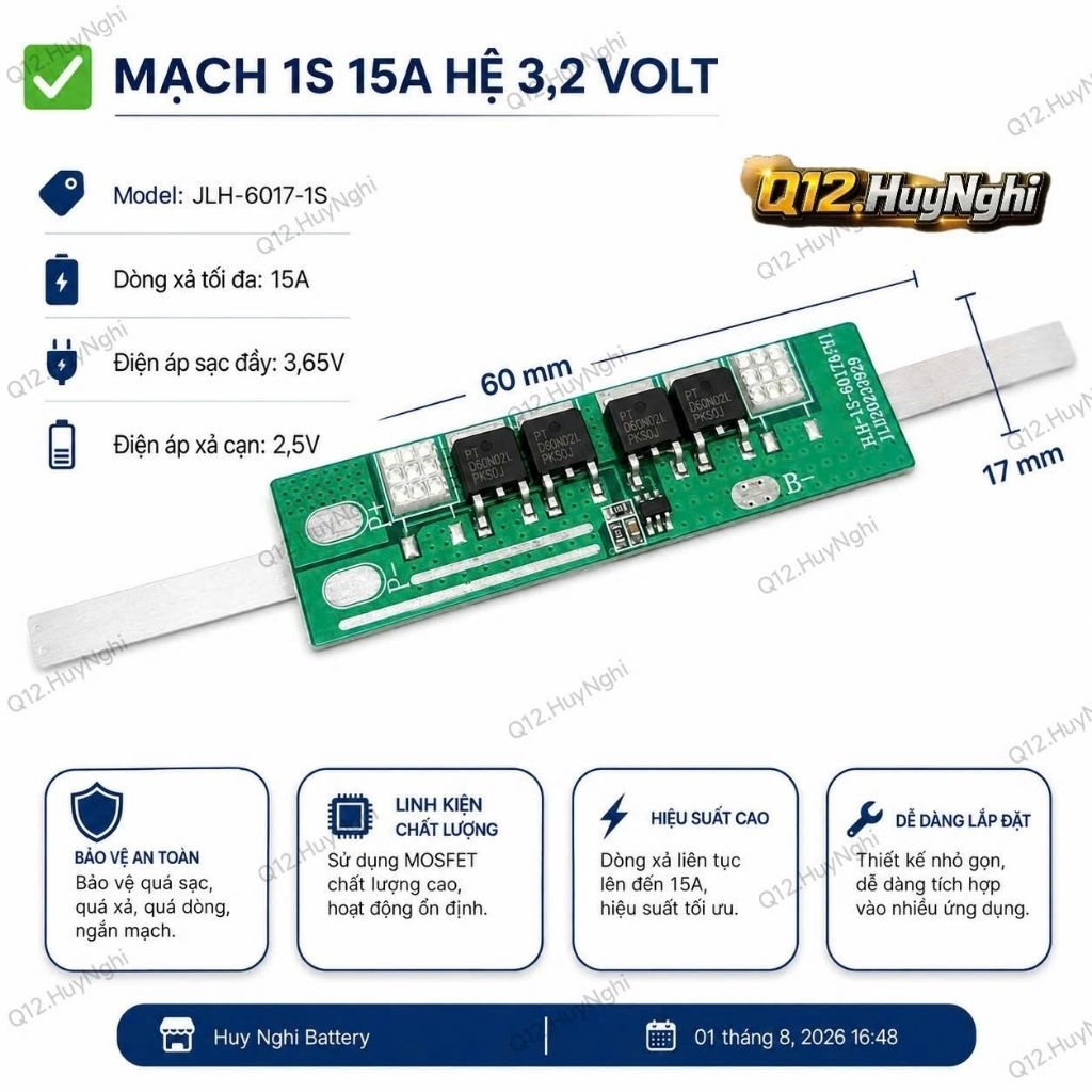 Mạch 1s 15a (Model: JLH-6017-1S) Bảo Vệ Sạc Xả Cho Pin Lifepo4 3,2vol