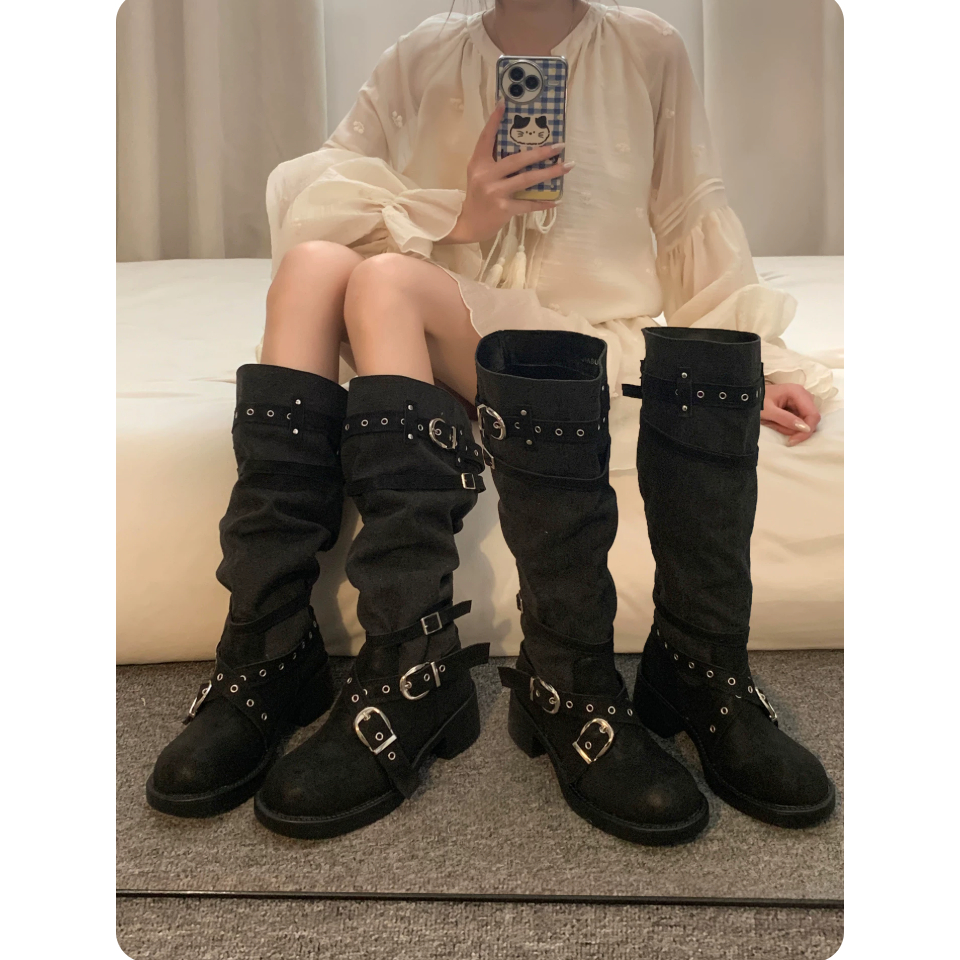 Boot Nữ Cổ Cao Khóa Bản Lớn Gót Vuông 5cm Da Mềm Phong Cách Biker Hàn Quốc Vintage