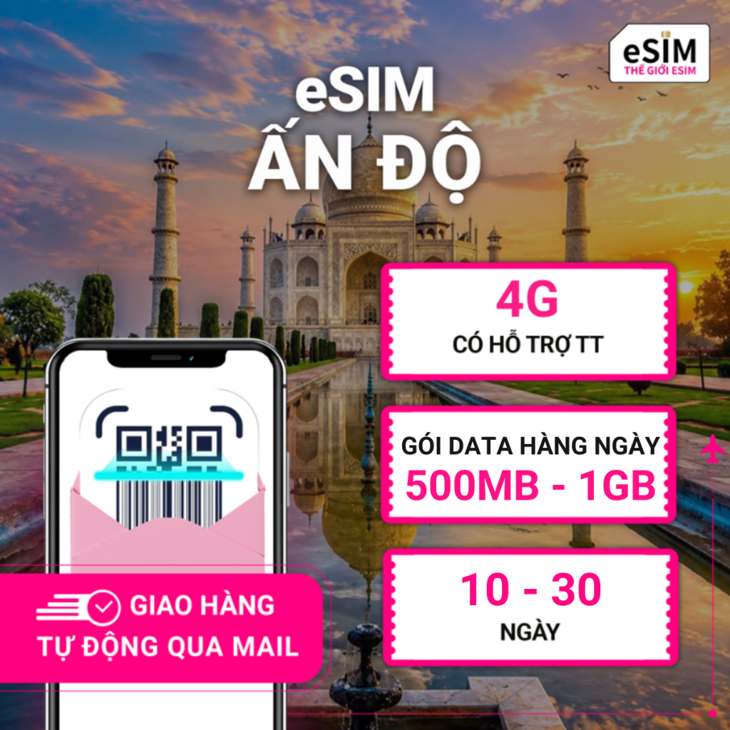 eSIM Ấn Độ Nhà mạng JIO 4G, Gói Data hàng ngày 500MB - 1GB tốc độ cao, 10 - 30 ngày
