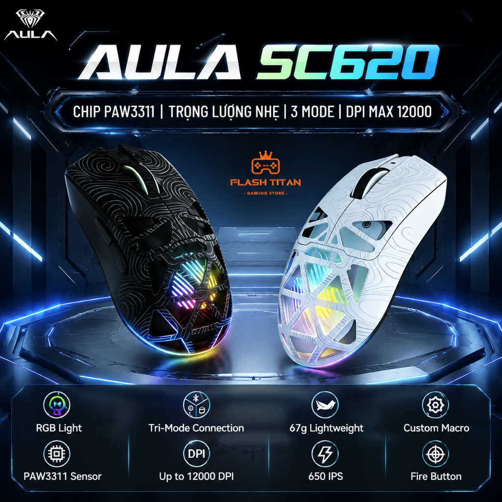 Chuột Không Dây Gaming AULA SC620 - Chip PAW3311 Mạnh Mẽ - 3 Chế Độ Kết Nối - Trọng lượng nhẹ, Dùng cho PC, Laptop