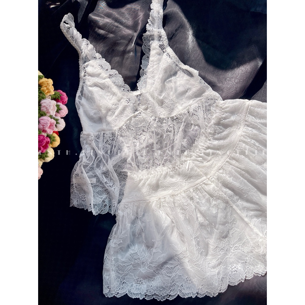 [HOẢ TỐC] 𝐅𝐋𝐄𝐔𝐑 𝐁𝐋𝐀𝐍𝐂𝐇𝐄 𝐁𝐑𝐈𝐄𝐅 | Set Ren Hoa Cao Cấp Nữ, Thiết Kế Nhún Mềm Thanh Lịch