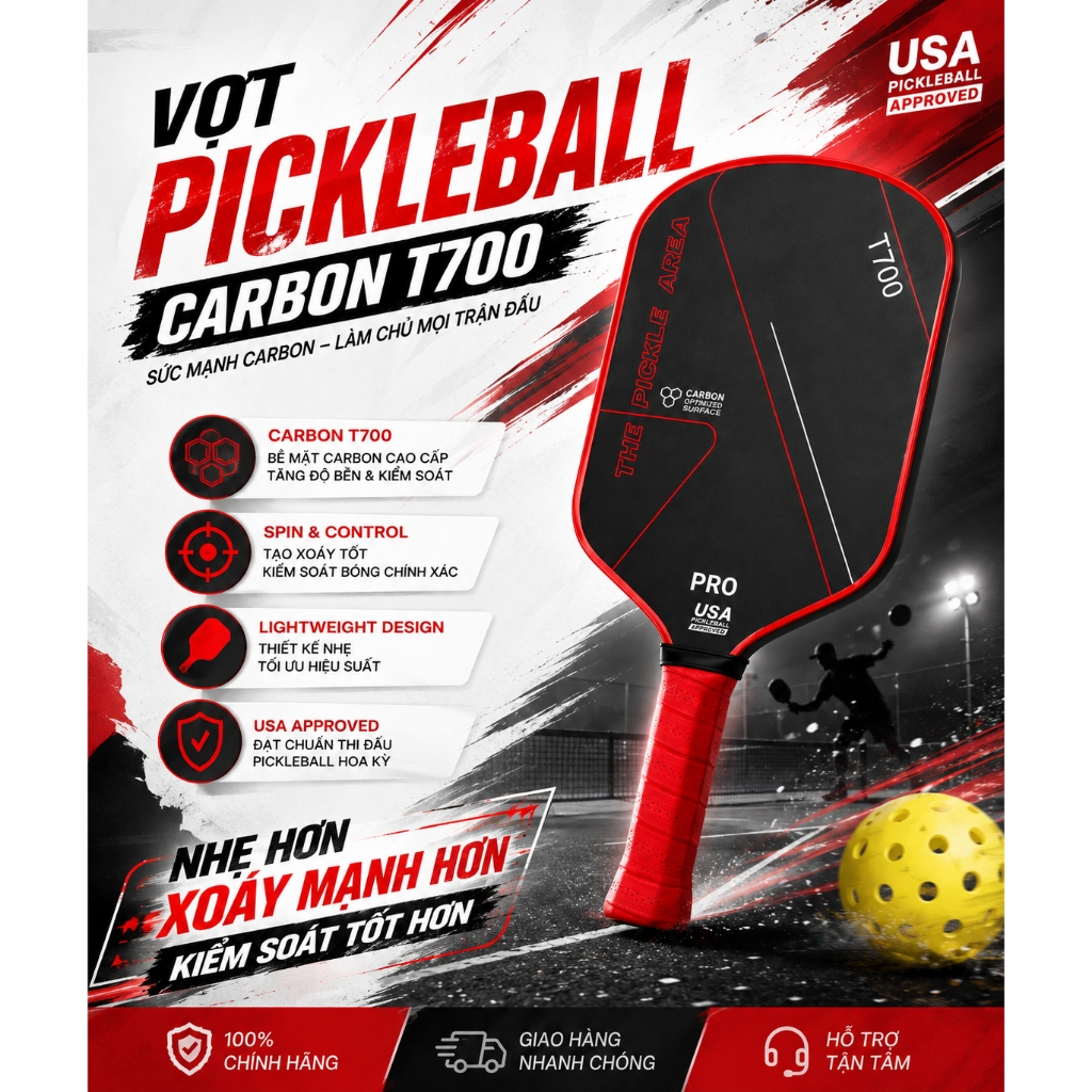 Vợt Pickleball T700 PRO 16mm Carbon Chính Hãng Cho Người Mới & Pro | HACHIKO