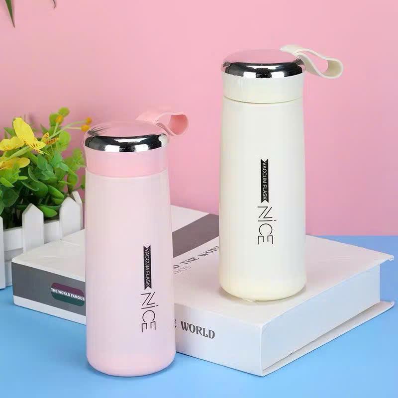 Bình Nước Thủy Tinh Bọc Nhựa Nice 400ml - Chai Vỏ Nhựa Lõi Thủy Tinh 2 Lớp Cách Nhiệt Có Móc Treo hs
