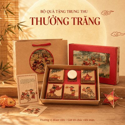 Hộp Quà Trung Thu Thưởng Trăng, Bánh Trung Thu Thập Cẩm Tôm Xốt Tiêu 1 Trứng, Kèm Túi GIấy