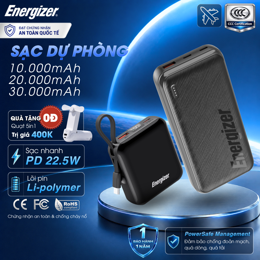 Pin Sạc Dự Phòng Energizer Li-polymer 10000mAh/ 20000mAh/ 30000mAh Sạc Nhanh PD Cho iPhone/ Samsung,