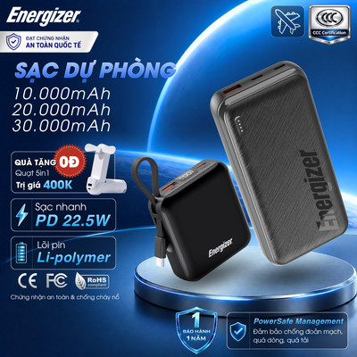 Pin Sạc Dự Phòng Energizer Li-polymer 10000mAh/ 20000mAh/ 30000mAh Sạc Nhanh PD Cho iPhone/ Samsung, BH Chính Hãng 1 Năm