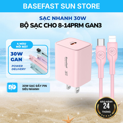 Bộ Sạc nhanh Basefast GaN 30W Cho 8-14Promax,dây Silicone Type C to LN