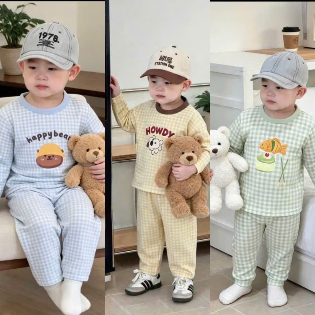 9-32kg-Sét Thu Đông Dài Tay Kẻ Karo Cho Bé Trai 9-32kg