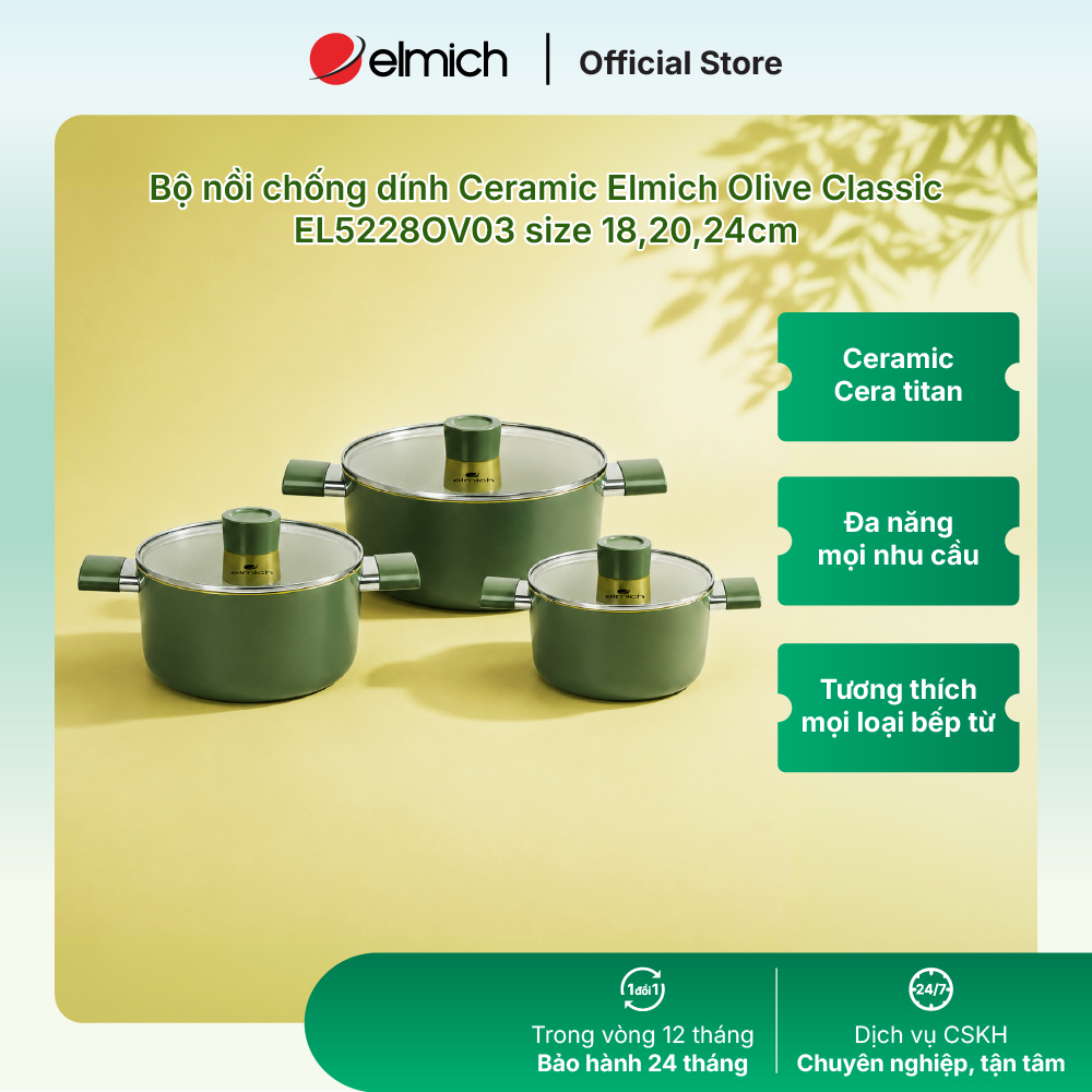 Bộ nồi phủ sứ chống dính Elmich Olive EL-5228OV03 size 18,20,24cm