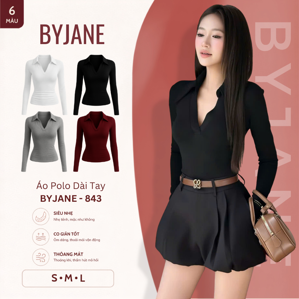 [ MÀU MỚI ] Áo Thun Ôm Body Dài Tay Polo Cổ Sơ Mi Chất Thun Mịn  Co Giãn 4 Chiều BYJANE - 843