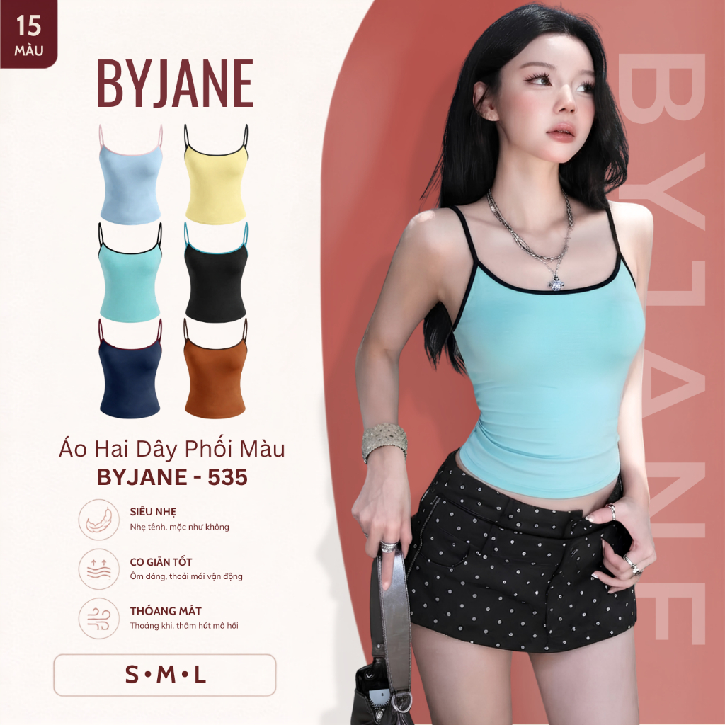 Áo Hai Dây Nữ Ôm Body Phối Viền Màu Chất Thun Mịn Co Giãn 4 Chiều Mềm Mịn Tôn Dáng Basic BYJANE - 535