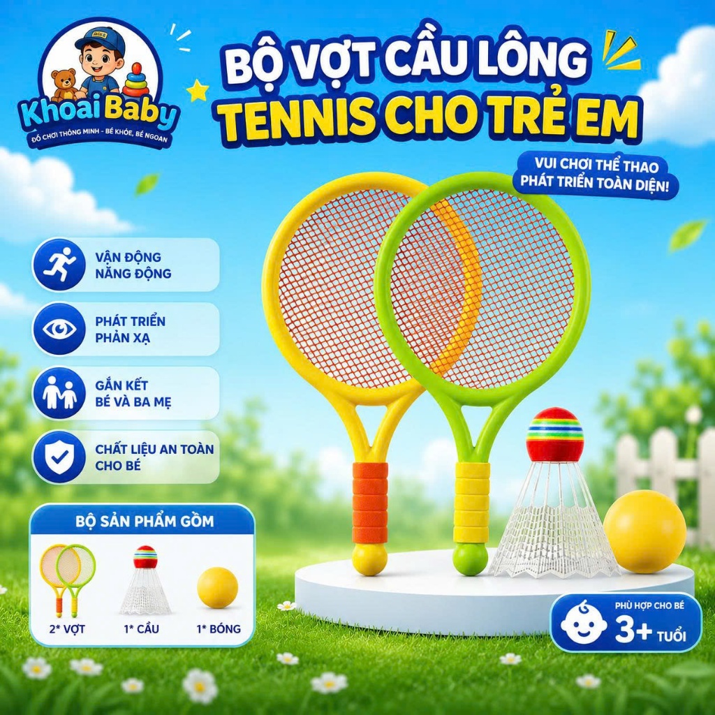 Bộ Vợt Cầu Lông Trẻ Em Kèm Cầu Lông Và Bóng Tennis, Đồ Chơi Thể Thao Ngoài Trời Cho Bé - Khoaibaby