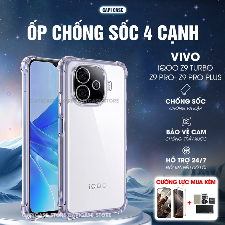 Ốp lưng Vivo IQOO Z9 Turbo / Z9 Turbo Pro / Z9 Turbo Pro Plus dẻo trong chống sốc 4 cạnh,bảo vệ came