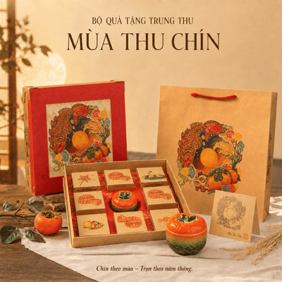 Hộp Quà Trung Thu Mùa Thu Chín, 4 Bánh Trung Thu nhiều hương vị, Hạt & Trái Cây Sấy, Kèm Túi Thiệp