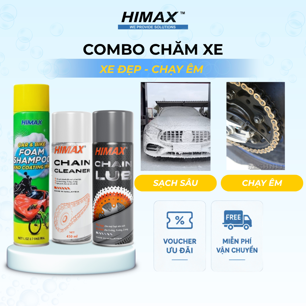 Combo chăm xe HIMAX [MC-04], [MC-05] và [MC-06] - Sạch toàn diện, tẩy sạch dầu nhớt và vết bẩn.