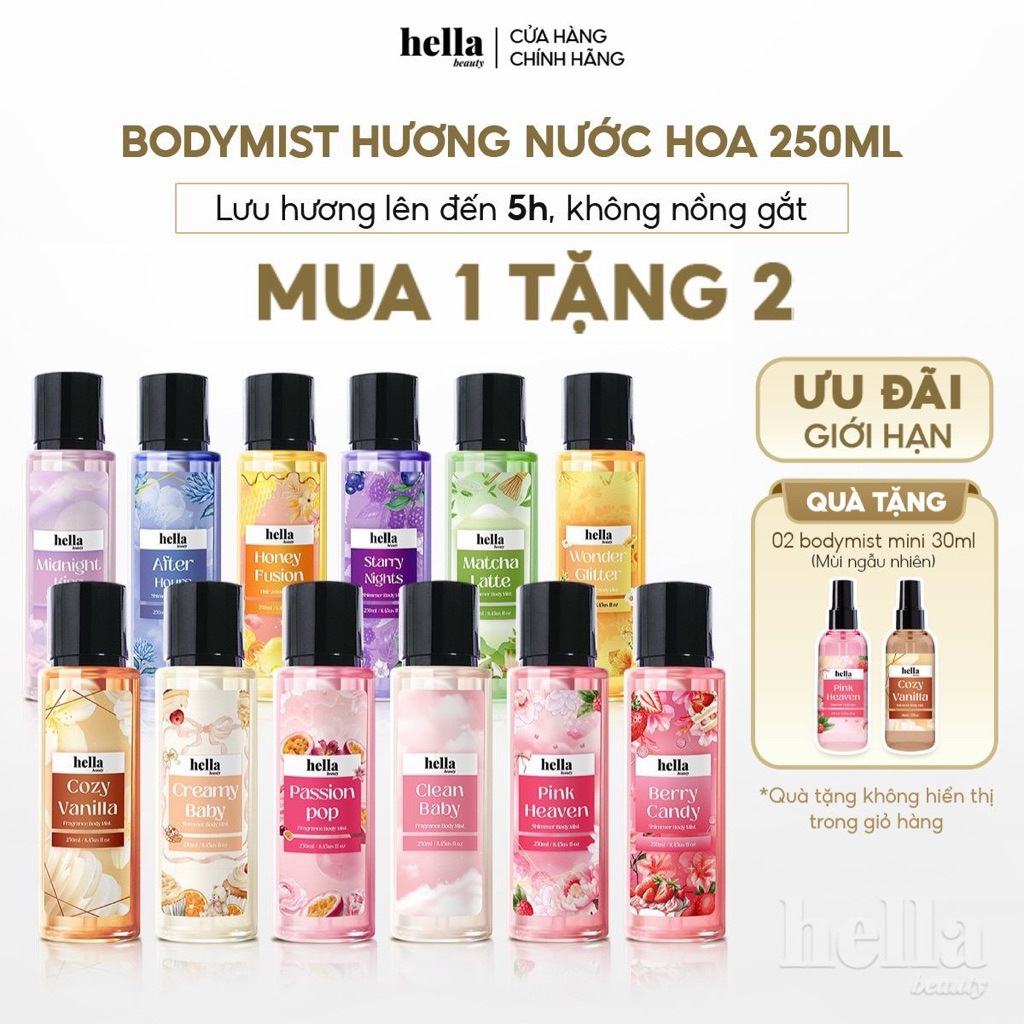Xịt thơm body mist hương nước hoa Hella Beauty 250ml lưu hương lâu,an toàn cho da