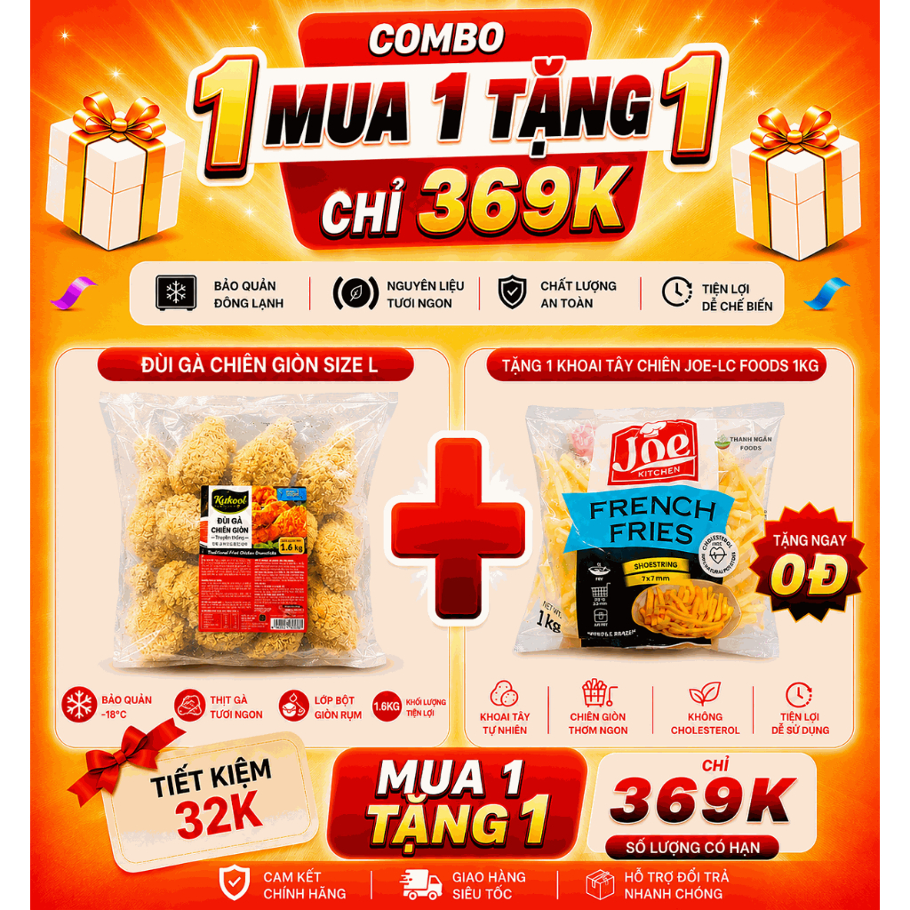 [Mua 1 Tặng 1] Đùi Gà Rán LC Foods 1.6KG (10 Đùi) Tặng Khoai Tây LC FOODS 1KG - Chiên Ăn Vặt Siêu Ng