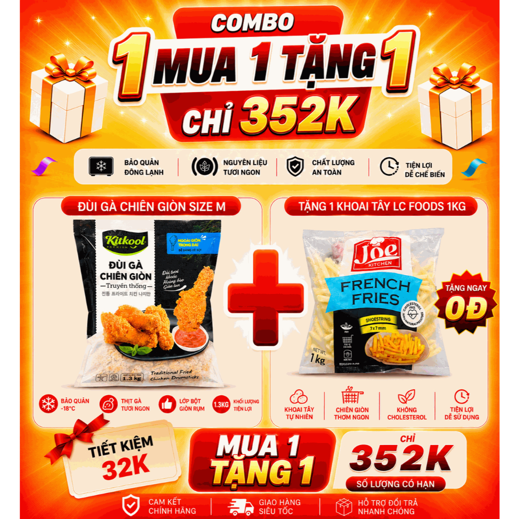 [Mua 1 Tặng 1] Đùi Gà Rán LC Foods 1.3KG Tặng Khoai Tây LC Foods 1KG - Ăn Vặt Tiện Lợi Shop HOCA FOO