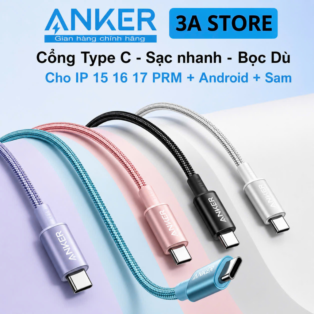 Dây cáp sạc nhanh ANKER 100W 240W A8060 1.5m Zolo Type C to C cho iphone 15 16 pro max laptop mac 3a